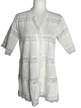 Vintage Lace Button Front Blouse Shirt Medium White Pockets 3/4 Sleeve V Neck